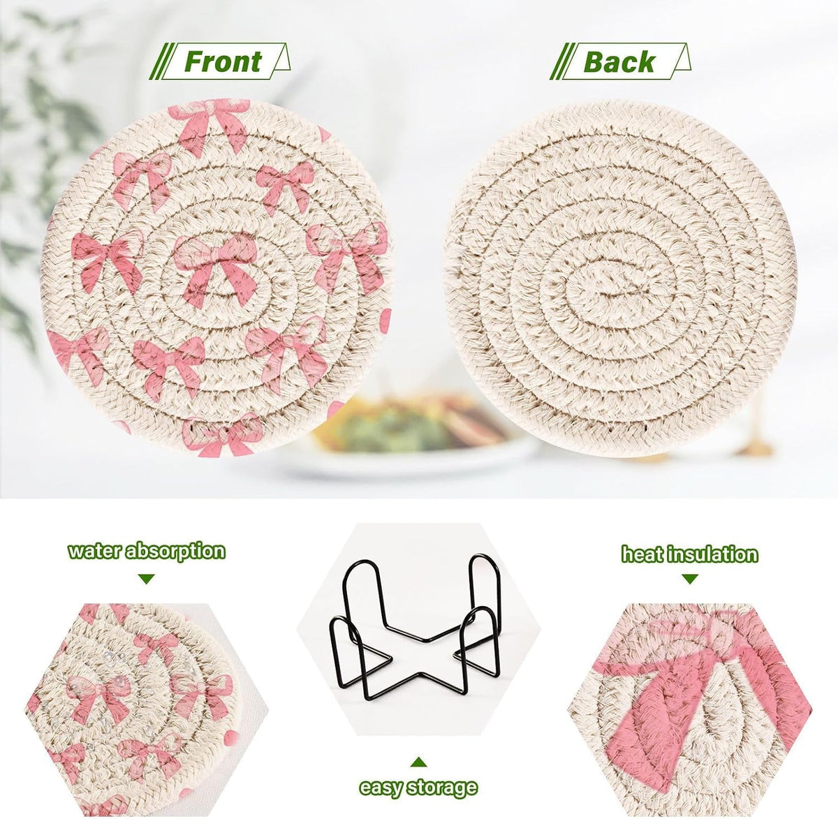 Coasters for Drinks Pink Bows Pattern Absorbing Round Table Mat for Mugs and Cups,Office,Kitchen