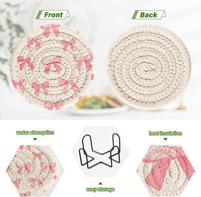 Coasters for Drinks Pink Bows Pattern Absorbing Round Table Mat for Mugs and Cups,Office,Kitchen