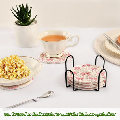 Coasters for Drinks Pink Bows Pattern Absorbing Round Table Mat for Mugs and Cups,Office,Kitchen
