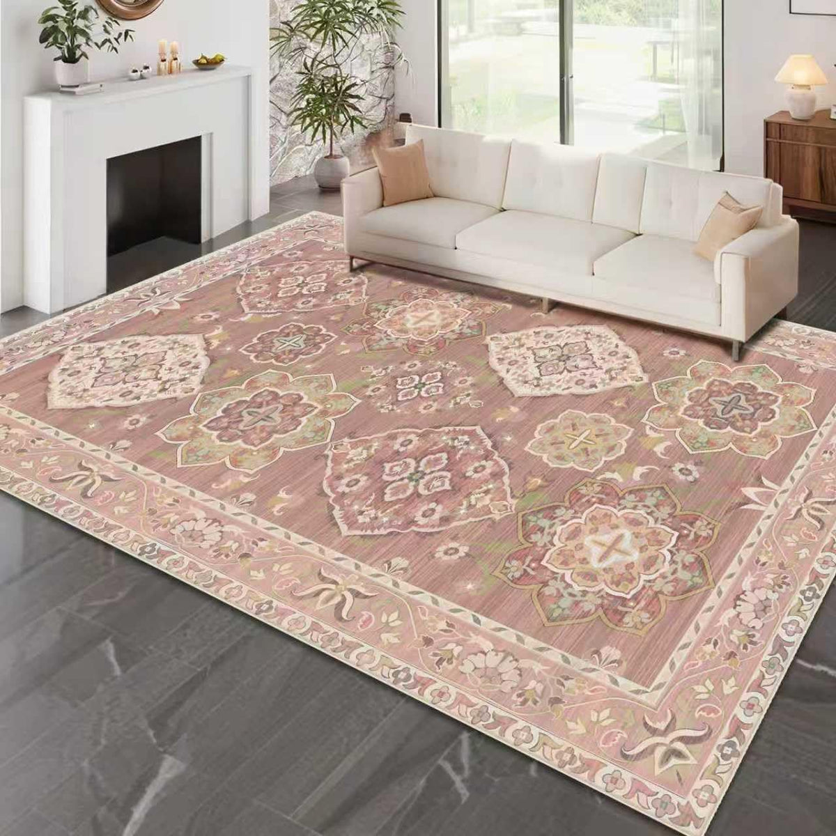 Washable 5x7 Area Rugs Vintage Boho Modern Pink Non Slip Large Carpet for Nursery Living Room Bedroom Farmhouse Dining Room Girls' Room