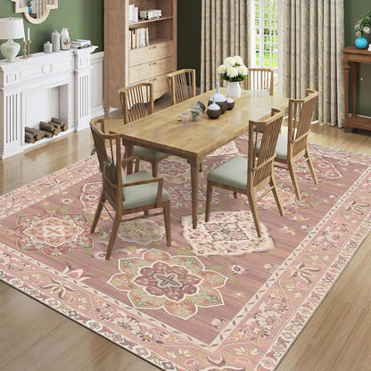 Washable 5x7 Area Rugs Vintage Boho Modern Pink Non Slip Large Carpet for Nursery Living Room Bedroom Farmhouse Dining Room Girls' Room