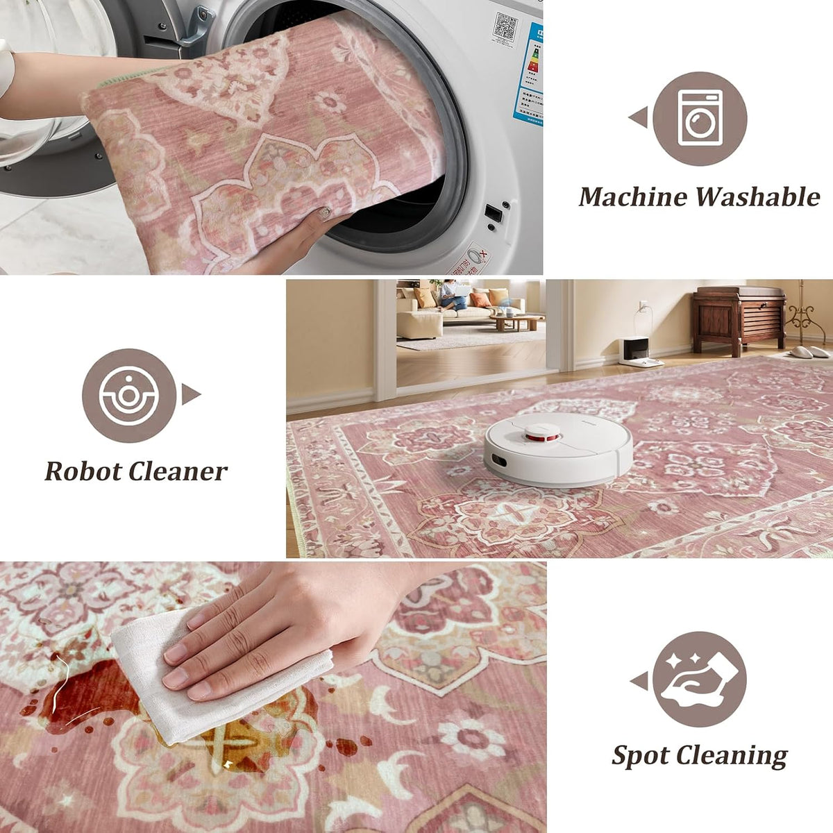 Washable 5x7 Area Rugs Vintage Boho Modern Pink Non Slip Large Carpet for Nursery Living Room Bedroom Farmhouse Dining Room Girls' Room