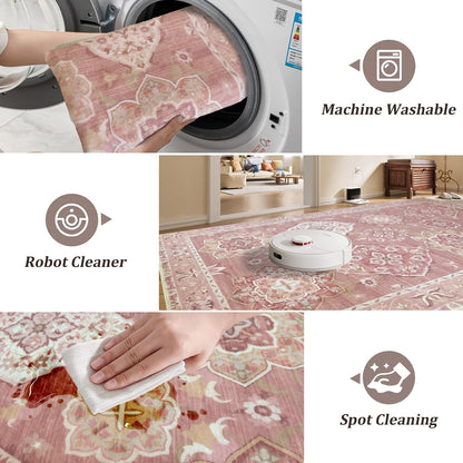 Washable 5x7 Area Rugs Vintage Boho Modern Pink Non Slip Large Carpet for Nursery Living Room Bedroom Farmhouse Dining Room Girls' Room