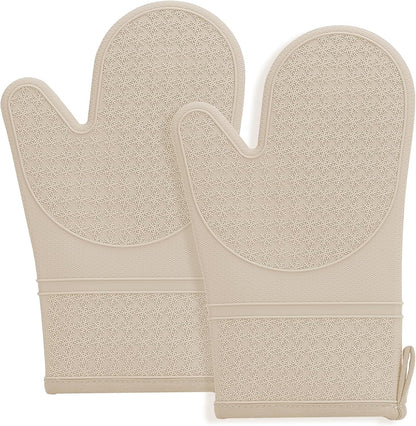 Silicone Oven Mitts, Heat Resistant 500F Kitchen Mitts 2PCS, 11.6" BPA-Free Soft Baking Gloves, Non-Slip Grip Oven Gloves with Soft Cotton Lining for Kitchen Cooking Baking BBQ - Apricot