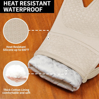 Silicone Oven Mitts, Heat Resistant 500F Kitchen Mitts 2PCS, 11.6" BPA-Free Soft Baking Gloves, Non-Slip Grip Oven Gloves with Soft Cotton Lining for Kitchen Cooking Baking BBQ - Apricot