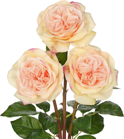Artificial Roses - Set of 3 Long-Stem Real Touch Silk Roses, 24.4" Faux Flowers for Home Decor, Wedding Bouquets, Centerpieces & Floral Arrangements – Lifelike Peach Fake Roses