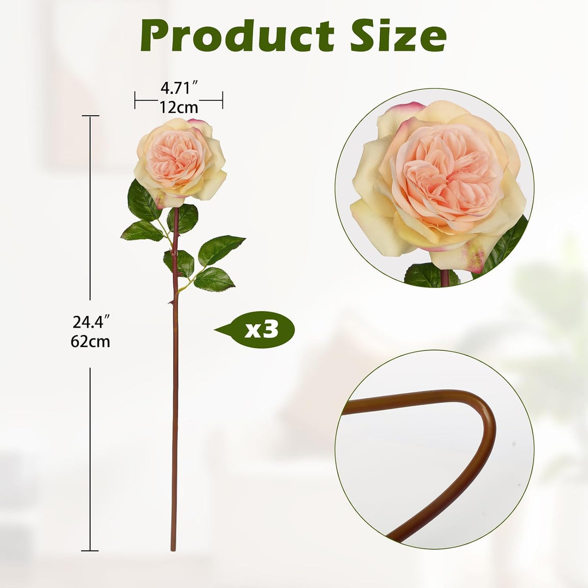 Artificial Roses - Set of 3 Long-Stem Real Touch Silk Roses, 24.4" Faux Flowers for Home Decor, Wedding Bouquets, Centerpieces & Floral Arrangements – Lifelike Peach Fake Roses