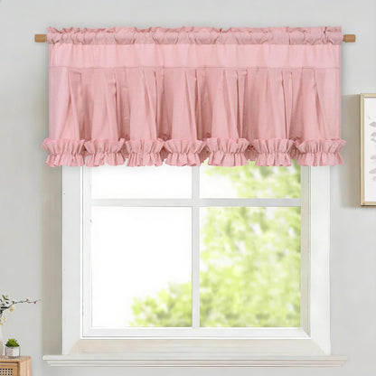 Linen Valances for Windows Farmhouse Window Valances with Ruffle Rustic Country Light Filtering Kitchen Valance Curtains Rod Pocket Valance for Bathroom Cafe, Pink, 52" W X 18" L