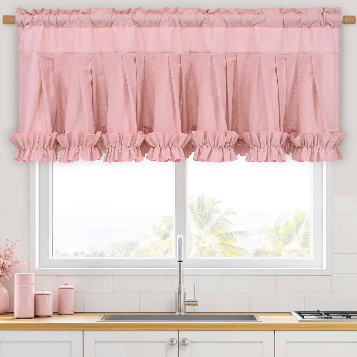 Linen Valances for Windows Farmhouse Window Valances with Ruffle Rustic Country Light Filtering Kitchen Valance Curtains Rod Pocket Valance for Bathroom Cafe, Pink, 52" W X 18" L