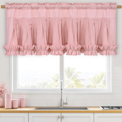 Linen Valances for Windows Farmhouse Window Valances with Ruffle Rustic Country Light Filtering Kitchen Valance Curtains Rod Pocket Valance for Bathroom Cafe, Pink, 52" W X 18" L