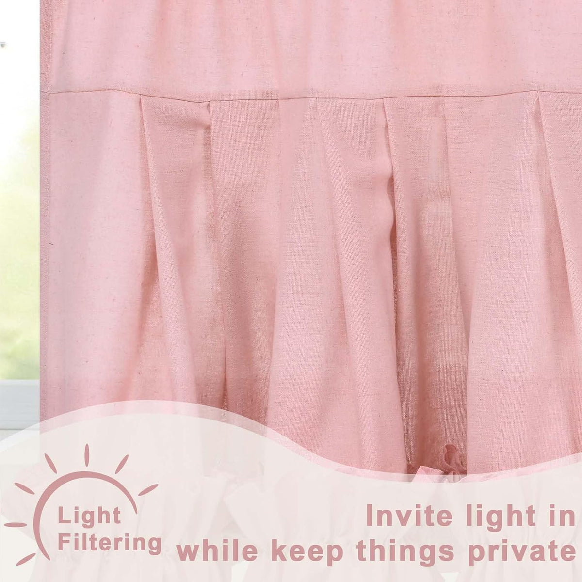 Linen Valances for Windows Farmhouse Window Valances with Ruffle Rustic Country Light Filtering Kitchen Valance Curtains Rod Pocket Valance for Bathroom Cafe, Pink, 52" W X 18" L