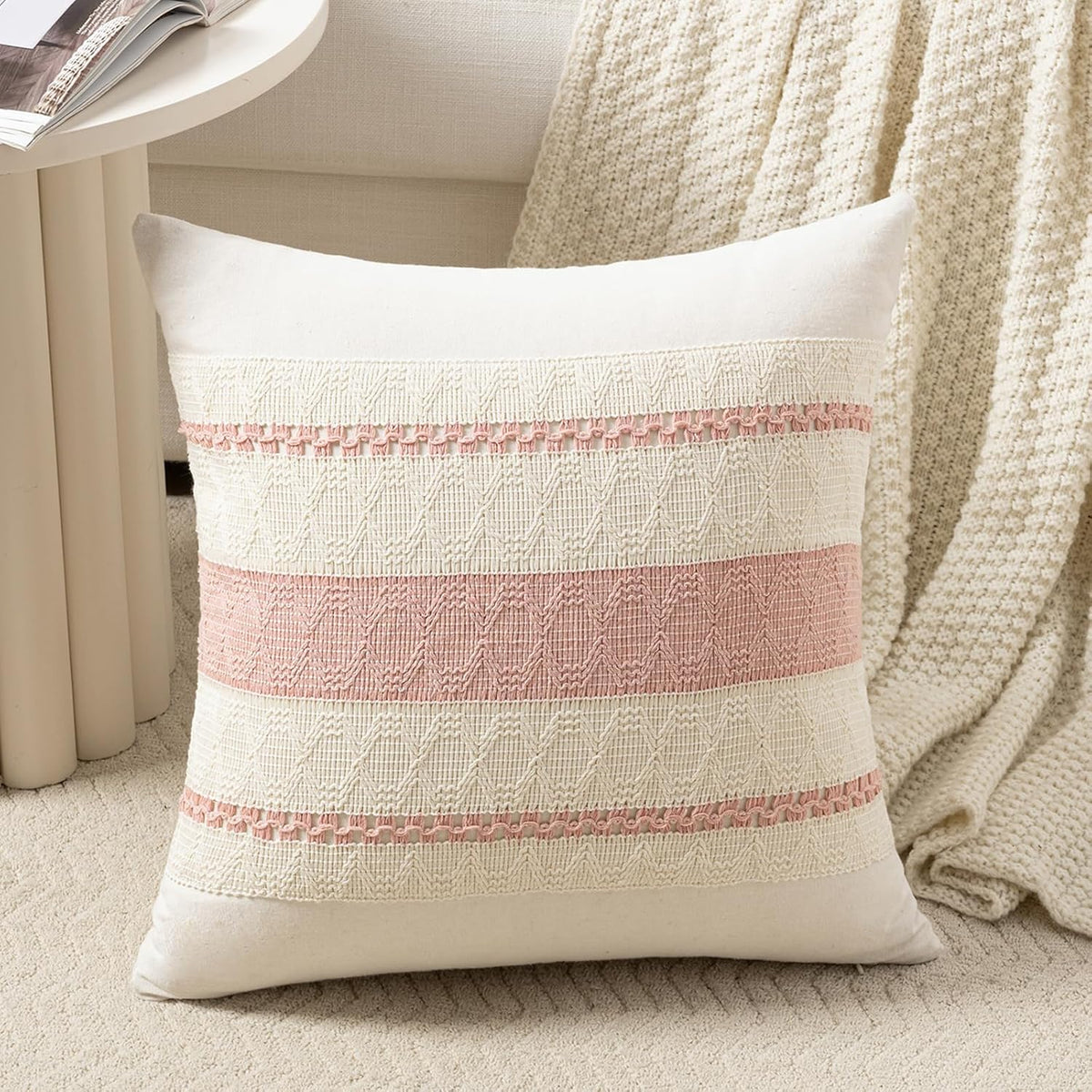 Set of 1 Boho Pink Decorative Throw Pillow Cover 18x18 Inch for Couch Bed Sofa, Aesthetic Modern Organic Farmhouse Home Decor, Soft Cotton Cute Accent Macrame Woven Cushion Case