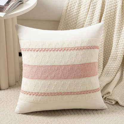 Set of 1 Boho Pink Decorative Throw Pillow Cover 18x18 Inch for Couch Bed Sofa, Aesthetic Modern Organic Farmhouse Home Decor, Soft Cotton Cute Accent Macrame Woven Cushion Case