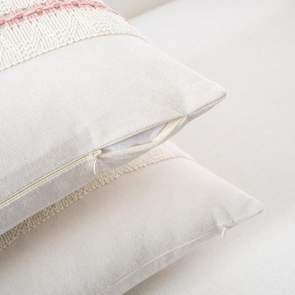 Set of 1 Boho Pink Decorative Throw Pillow Cover 18x18 Inch for Couch Bed Sofa, Aesthetic Modern Organic Farmhouse Home Decor, Soft Cotton Cute Accent Macrame Woven Cushion Case