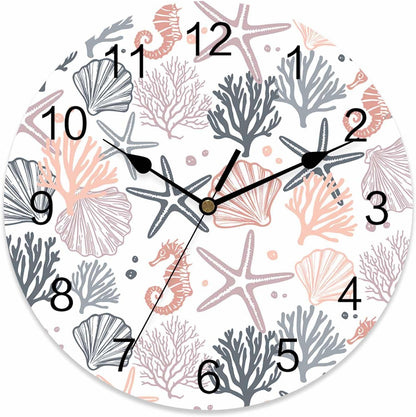 Wall Clock Pink Starfish 14" Round Silent Non-Ticking PVC Clocks Shell Coral Marine Life Battery Operated Round Clock for Living Room Bedroom Office Kitchen Wall Decor