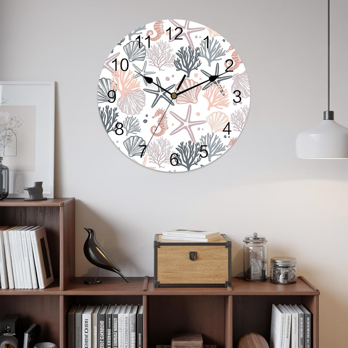 Wall Clock Pink Starfish 14" Round Silent Non-Ticking PVC Clocks Shell Coral Marine Life Battery Operated Round Clock for Living Room Bedroom Office Kitchen Wall Decor