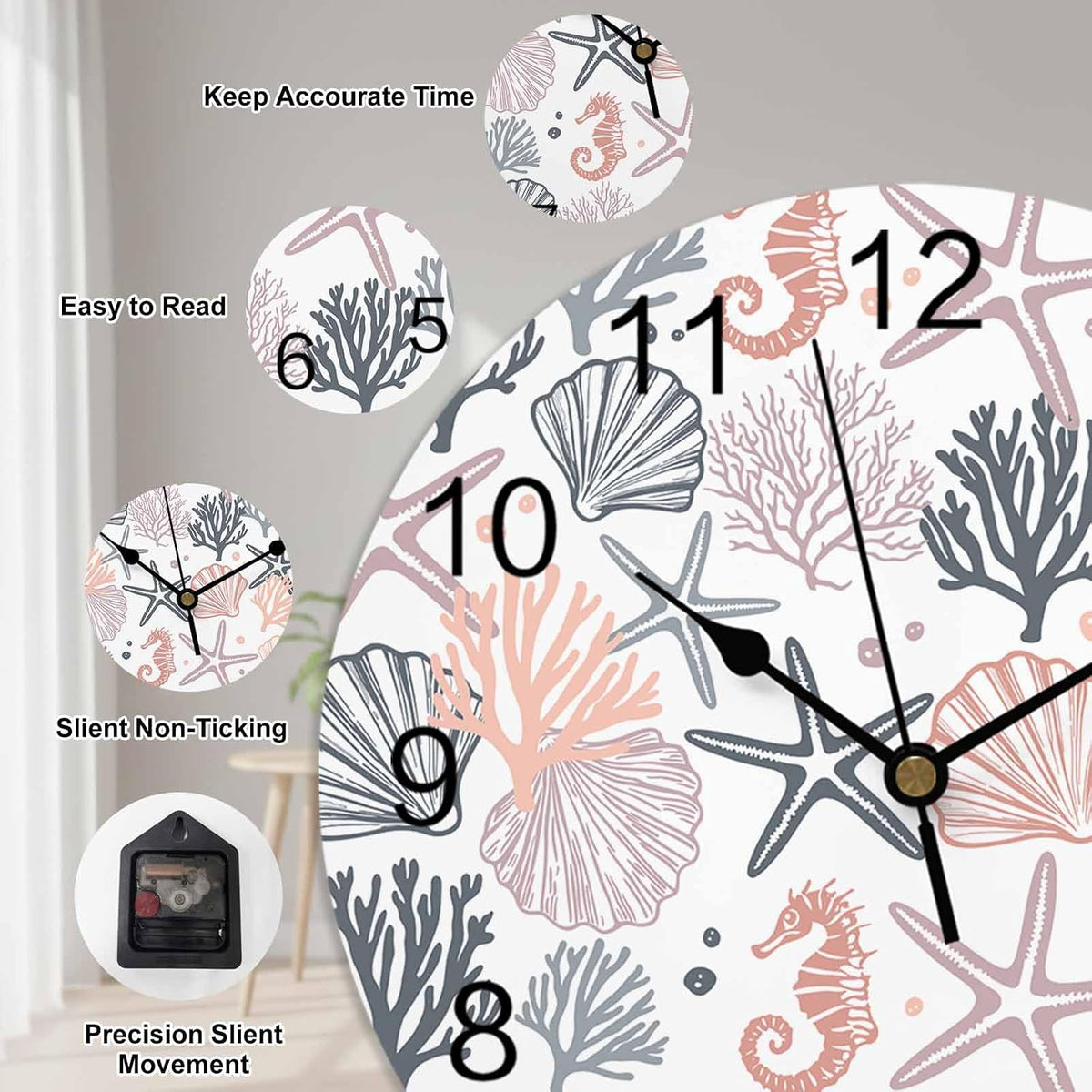 Wall Clock Pink Starfish 14" Round Silent Non-Ticking PVC Clocks Shell Coral Marine Life Battery Operated Round Clock for Living Room Bedroom Office Kitchen Wall Decor