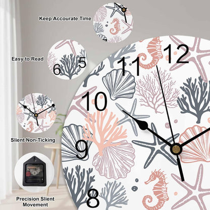 Wall Clock Pink Starfish 14" Round Silent Non-Ticking PVC Clocks Shell Coral Marine Life Battery Operated Round Clock for Living Room Bedroom Office Kitchen Wall Decor