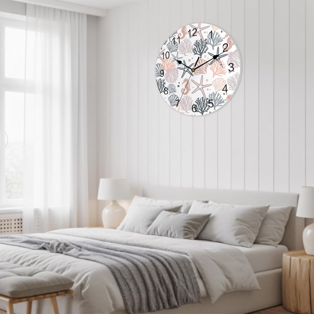 Wall Clock Pink Starfish 14" Round Silent Non-Ticking PVC Clocks Shell Coral Marine Life Battery Operated Round Clock for Living Room Bedroom Office Kitchen Wall Decor