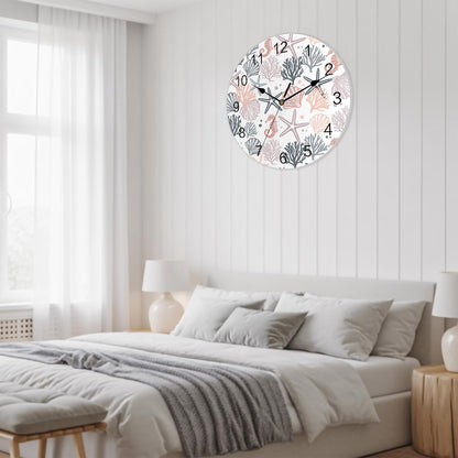 Wall Clock Pink Starfish 14" Round Silent Non-Ticking PVC Clocks Shell Coral Marine Life Battery Operated Round Clock for Living Room Bedroom Office Kitchen Wall Decor