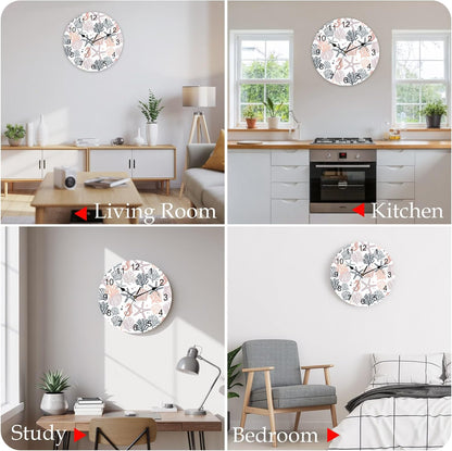 Wall Clock Pink Starfish 14" Round Silent Non-Ticking PVC Clocks Shell Coral Marine Life Battery Operated Round Clock for Living Room Bedroom Office Kitchen Wall Decor