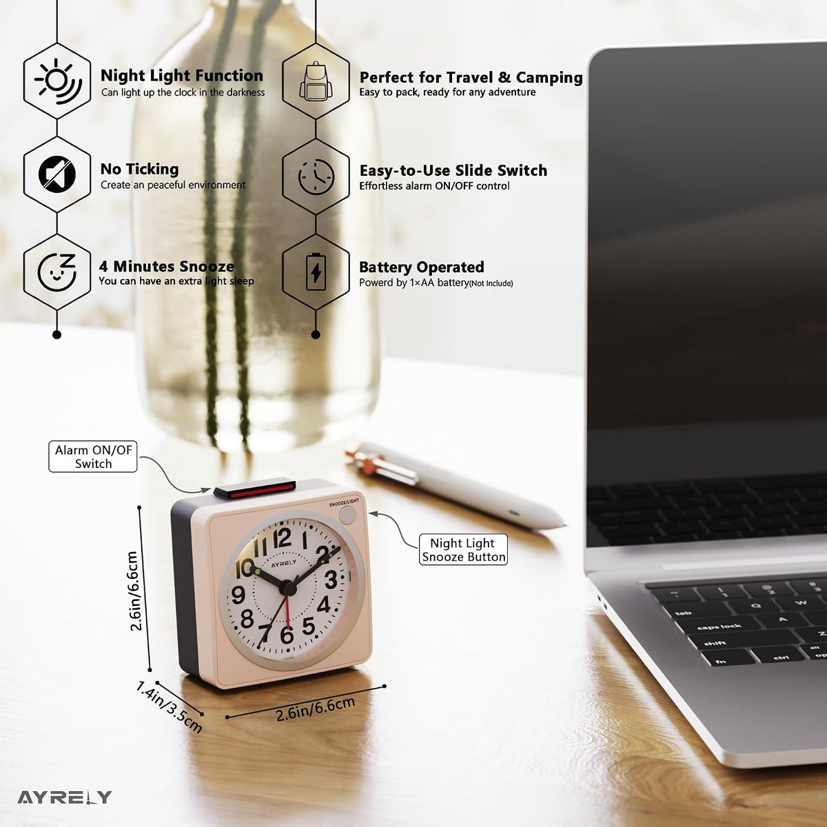 ® 2.6" × 1.4" Ultra Small Battery Operated Analog Travel Alarm Clock