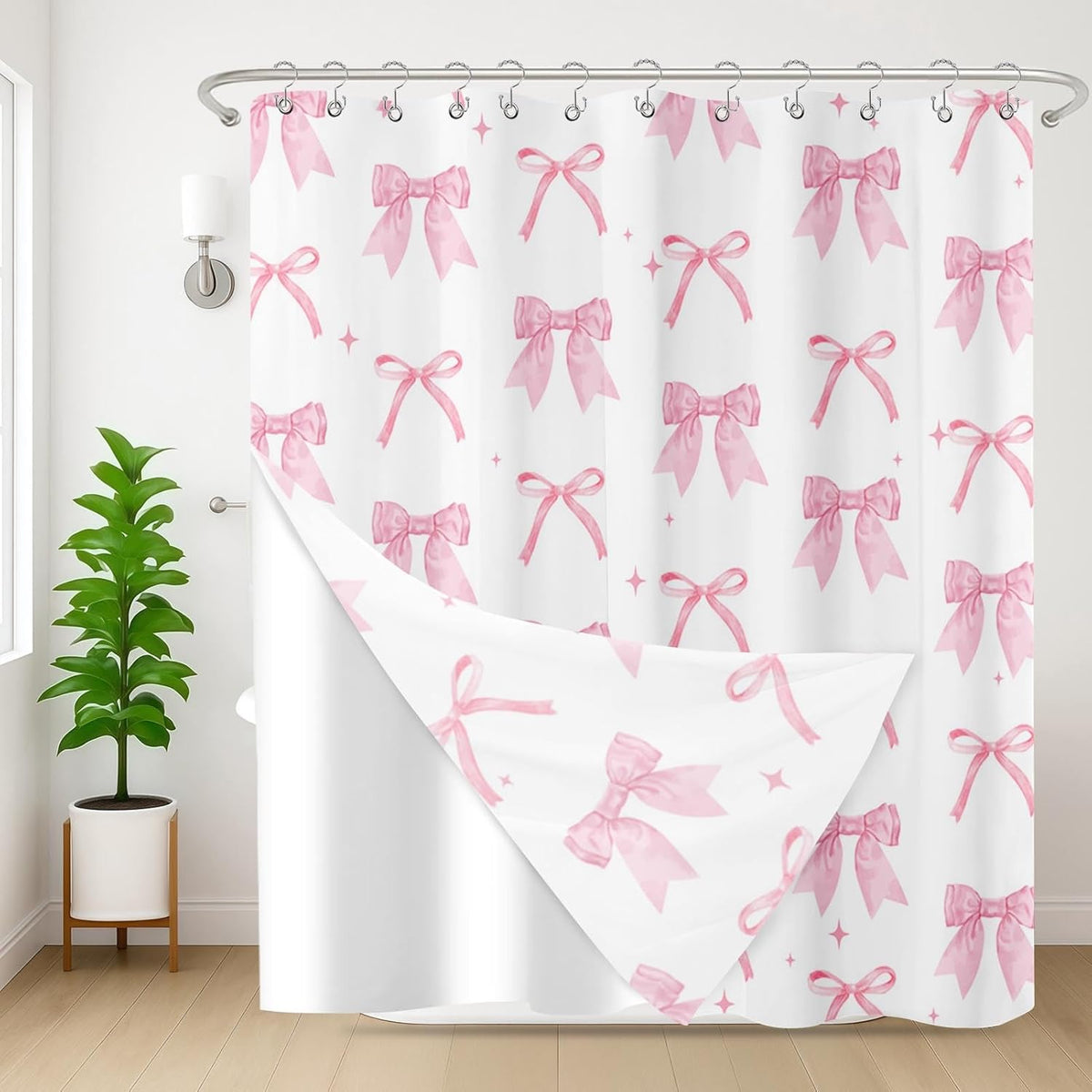 Shower Curtain and Liner Set, 72x72 Inch, Bow Pink