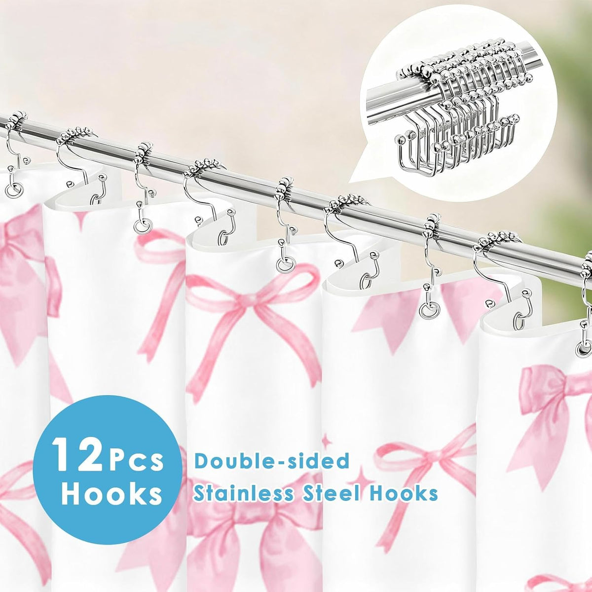 Shower Curtain and Liner Set, 72x72 Inch, Bow Pink