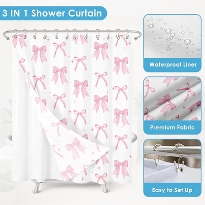 Shower Curtain and Liner Set, 72x72 Inch, Bow Pink