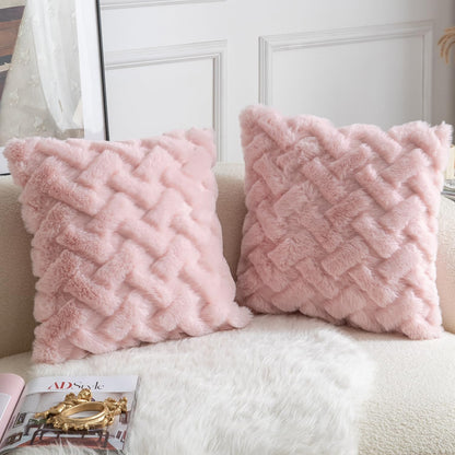 Set of 2 Decorative Throw Pillow Covers Thick Plush Wool Throw Pillows Super Soft Luxury Faux Rabbit Fur Velvet Cushion Covers for Couch Sofa Bed Living Room 18x18 Inch Pink