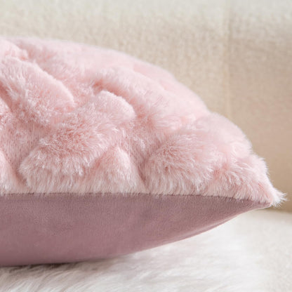 Set of 2 Decorative Throw Pillow Covers Thick Plush Wool Throw Pillows Super Soft Luxury Faux Rabbit Fur Velvet Cushion Covers for Couch Sofa Bed Living Room 18x18 Inch Pink