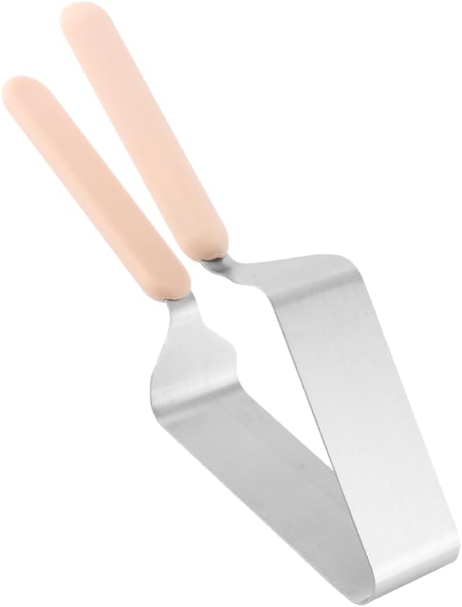 2-in-1 Cake Slicer and Server with Double Handle, Adjustable Width | Squeeze to set slice width, Press down then lift to plate, Fits wedge slices, Color pink