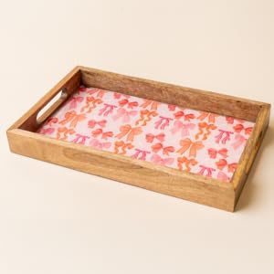 Round Wood Enamel Tray – Bamboo Serving & Decorative Tray with Handles – Food-Safe, Lightweight Display Tray for Entertaining, Organizing & Home Décor, Blushing Bows Pink