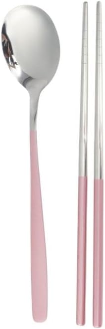 Livvera 410 Stainless Steel Spoon and Chopsticks Set with Portable Box, Silver Tone and Pink – 1 Set