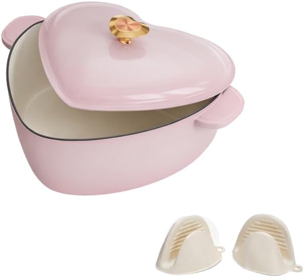 Bonnlo Heart Shaped Enameled Cast Iron Dutch Oven Pot with Lid, 4QT Pink Cookware for Stewing and Bread Baking, Works on All Stovetops, 500℉ Oven Safe, Cute Kitchen Decor for Valentines