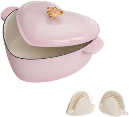 Bonnlo Heart Shaped Enameled Cast Iron Dutch Oven Pot with Lid, 4QT Pink Cookware for Stewing and Bread Baking, Works on All Stovetops, 500℉ Oven Safe, Cute Kitchen Decor for Valentines