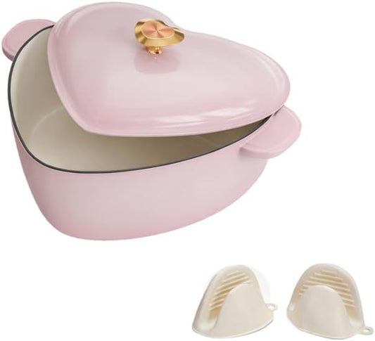 Bonnlo Heart Shaped Enameled Cast Iron Dutch Oven Pot with Lid, 4QT Pink Cookware for Stewing and Bread Baking, Works on All Stovetops, 500℉ Oven Safe, Cute Kitchen Decor for Valentines