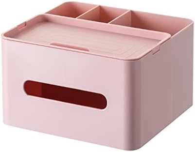 HornTide 5-in-1 Tissue Box 7.8inch Multifunction Countertop Organizer 3X Compartments 1x Tray Boutique Stationery Storage Caddy HIPS Plastic (Pink)