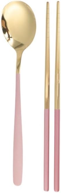 Livvera 410 Stainless Steel Spoon and Chopsticks Set with Portable Box, Gold Tone and Pink – 1 Set