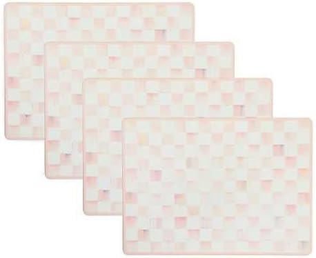 MACKENZIE-CHILDS Set of 4 Cork-Back Placemats, Hard-Finish Table Mats, Pink-and-White Rosy Check