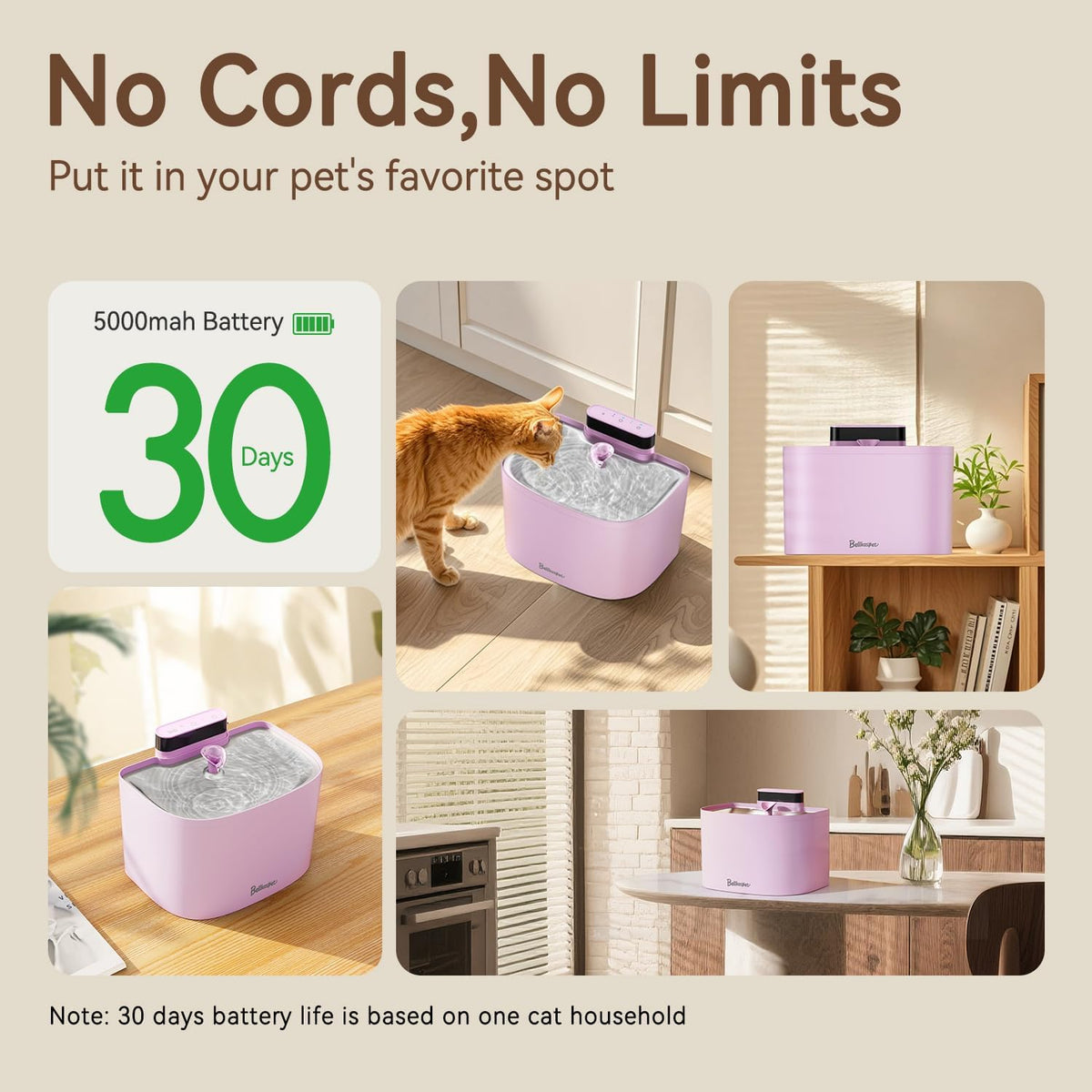 Cat Water Fountain, 122oz/3.6L Pumpless Wireless Cat Fountain, Cordless Water Fountains for Cats Indoor, Battery Operated Dog Pet Water Fountain with Stainless Steel Tray (Pink, Fountain+2 Fliters)