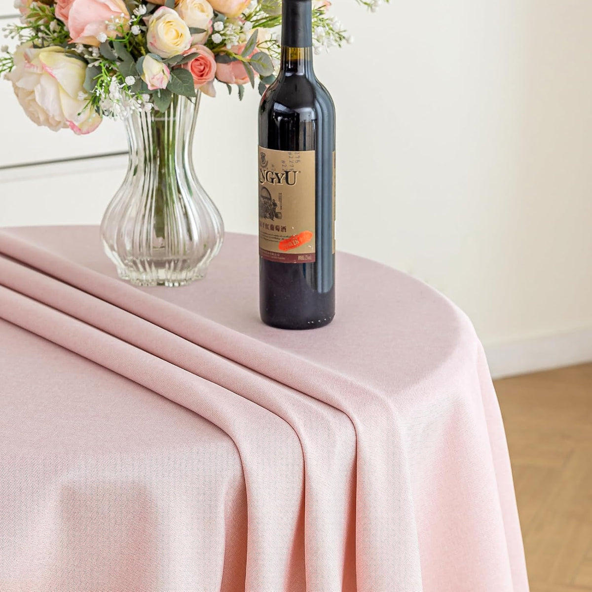 Pink Round Tablecloth Linen Style Fabric, 60 Inch