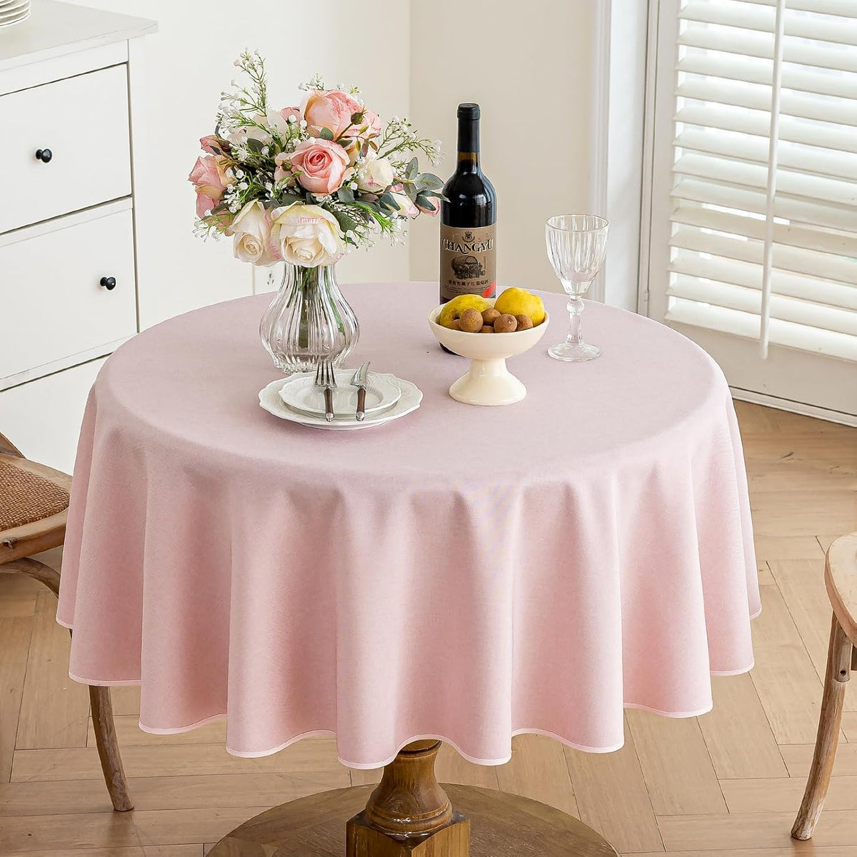 Pink Round Tablecloth Linen Style Fabric, 60 Inch