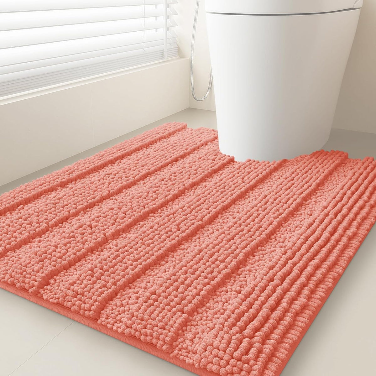 Striped Coral Toilet Bathroom Rug Mat 24" x 20" Contour Rug Ultra Soft, Non Slip Chenille Bath Rugs, Absorbent Plush Shaggy Bath Mats for Bathroom, Bedroom, Kitchen, Shower, Tub