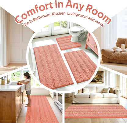 Striped Coral Toilet Bathroom Rug Mat 24" x 20" Contour Rug Ultra Soft, Non Slip Chenille Bath Rugs, Absorbent Plush Shaggy Bath Mats for Bathroom, Bedroom, Kitchen, Shower, Tub