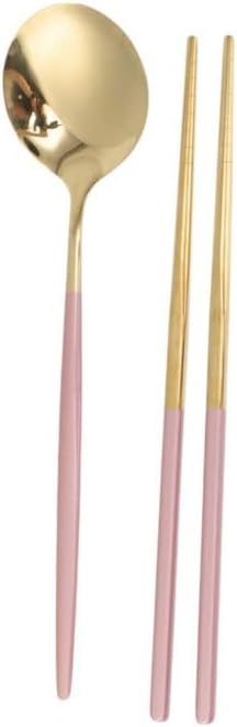 Livvera 2-Piece 410 Stainless Steel Spoon and Chopsticks Set, 9.33-Inch Portable Dining Set, Pink and Gold Tone