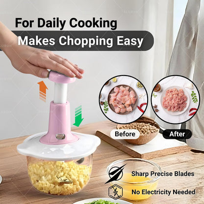 Manual Food Choppers, Vegetable & Meat Cutter with Durable Blades and Plastic Bowl – Multipurpose Kitchen Tool (1.5L PINK)
