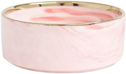 Ceramic Pet Bowl (Marble Design) Set of 2 with Stand, 2cups and 4 Cups Capacity (Marble Pink w/Gold, Small, 2 Cups per Bowl)