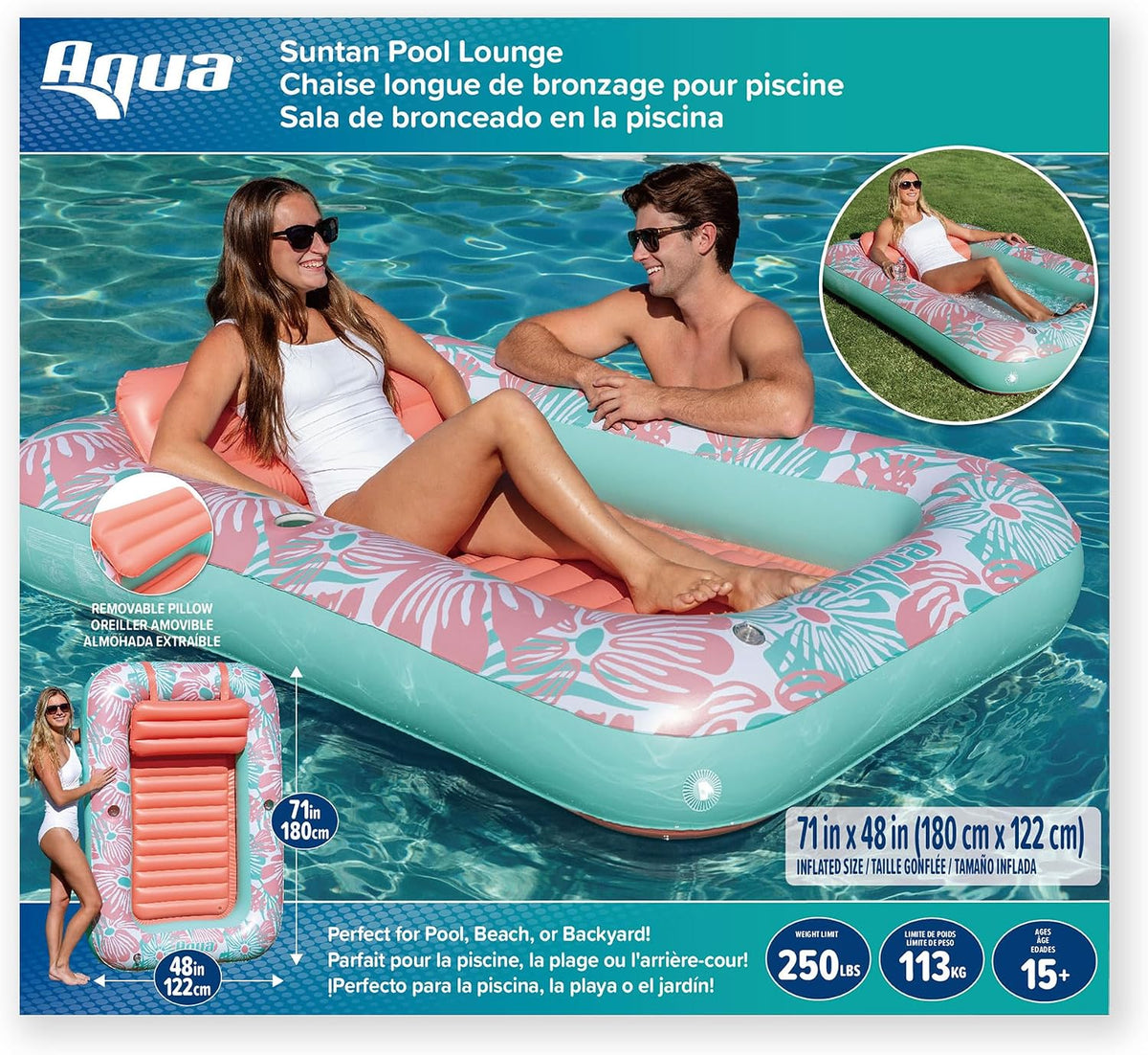 Inflatable Tanning Pool Lounger, Premium Pool Float with Cupholders and Removeable Pillow for Relaxation and Fun
