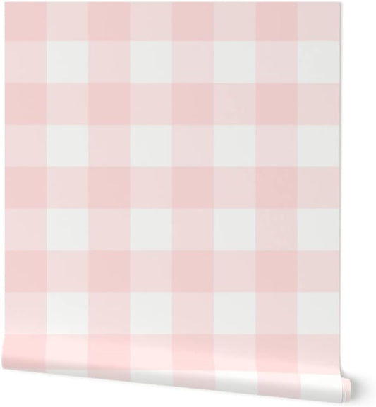 Peel & Stick Wallpaper 3ft x 2ft - Pale Pink Gingham Pastel Big Check Fashion Buffalo Light Multi White Custom Removable Wallpaper by Spoonflower